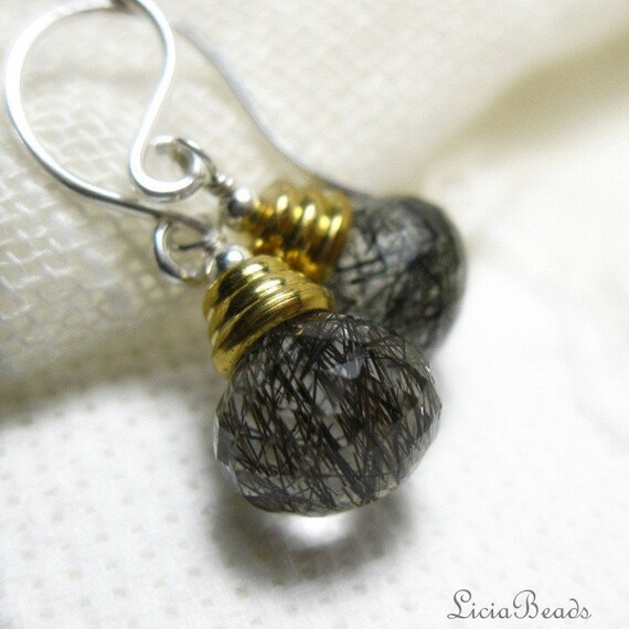 Tourmalinated Quartz gemstone mixed metal sterling silver earrings