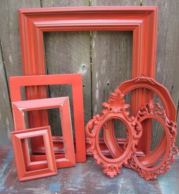 Painted Frames Collection Distressed Wall Grouping With Seven Pimento Red Frames
