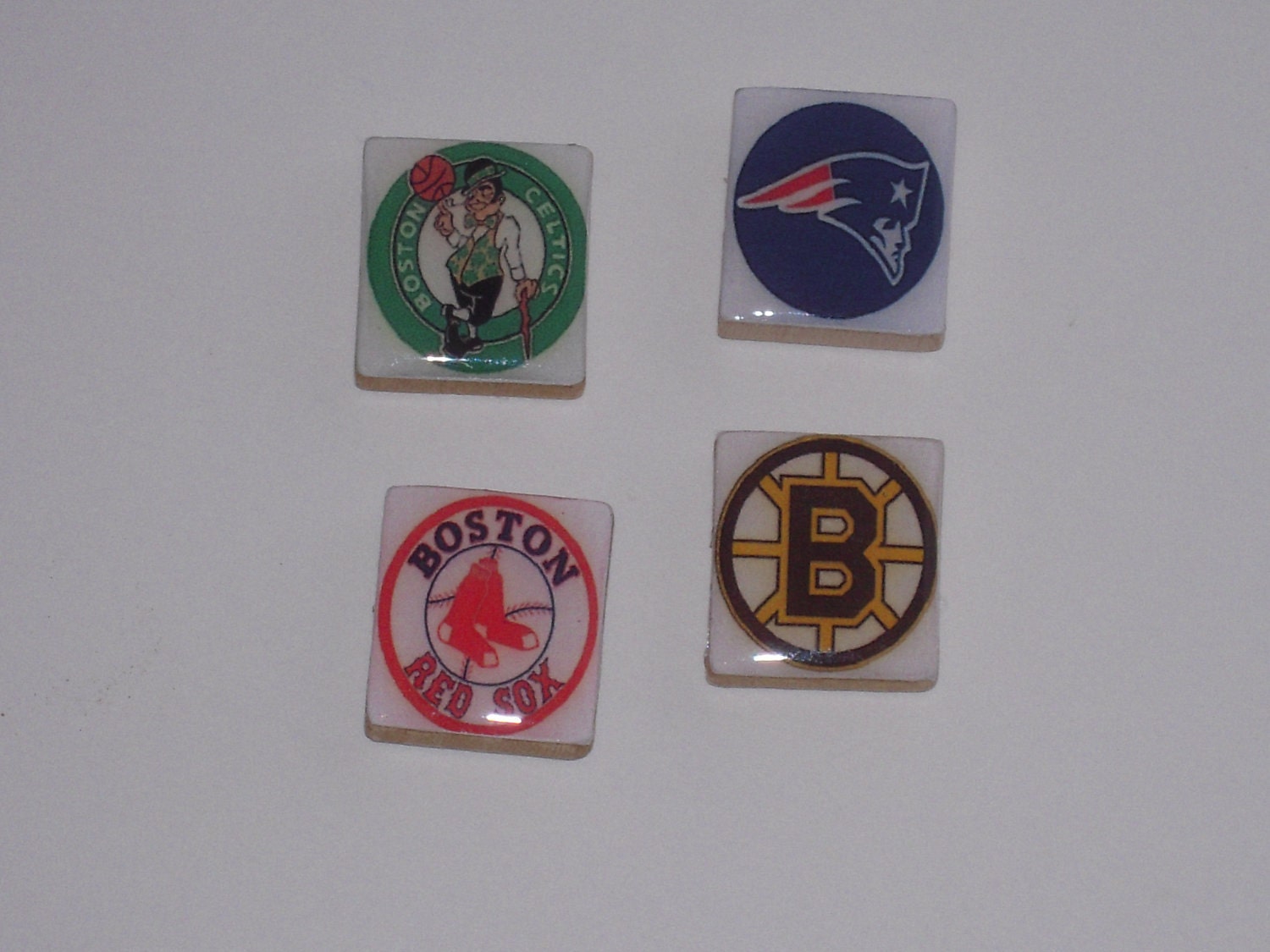 Set of Four Scrabble Tile Magnets, Boston Bruins, Red Sox, Celtics and New England Patriots