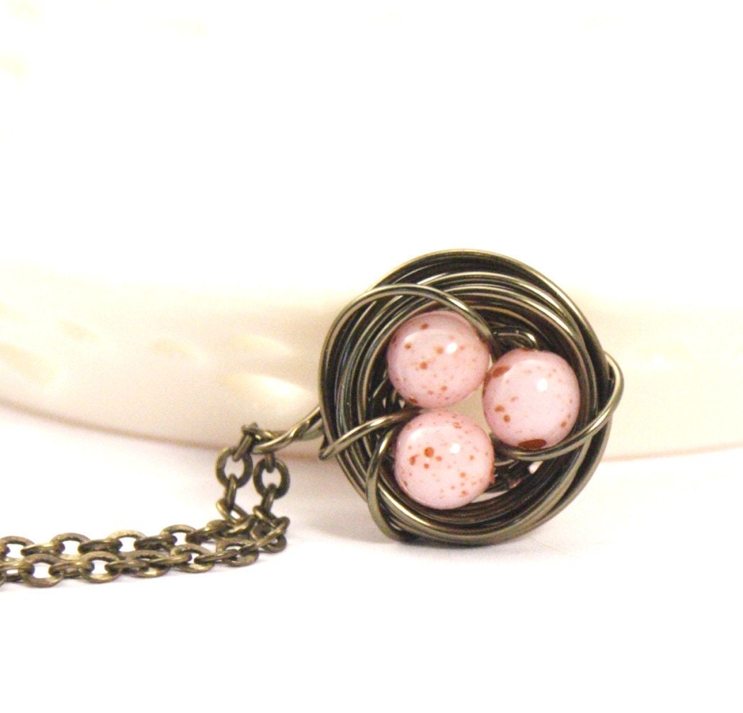 Bird Nest Necklace With Mottled Pink Eggs - Gift For Mom