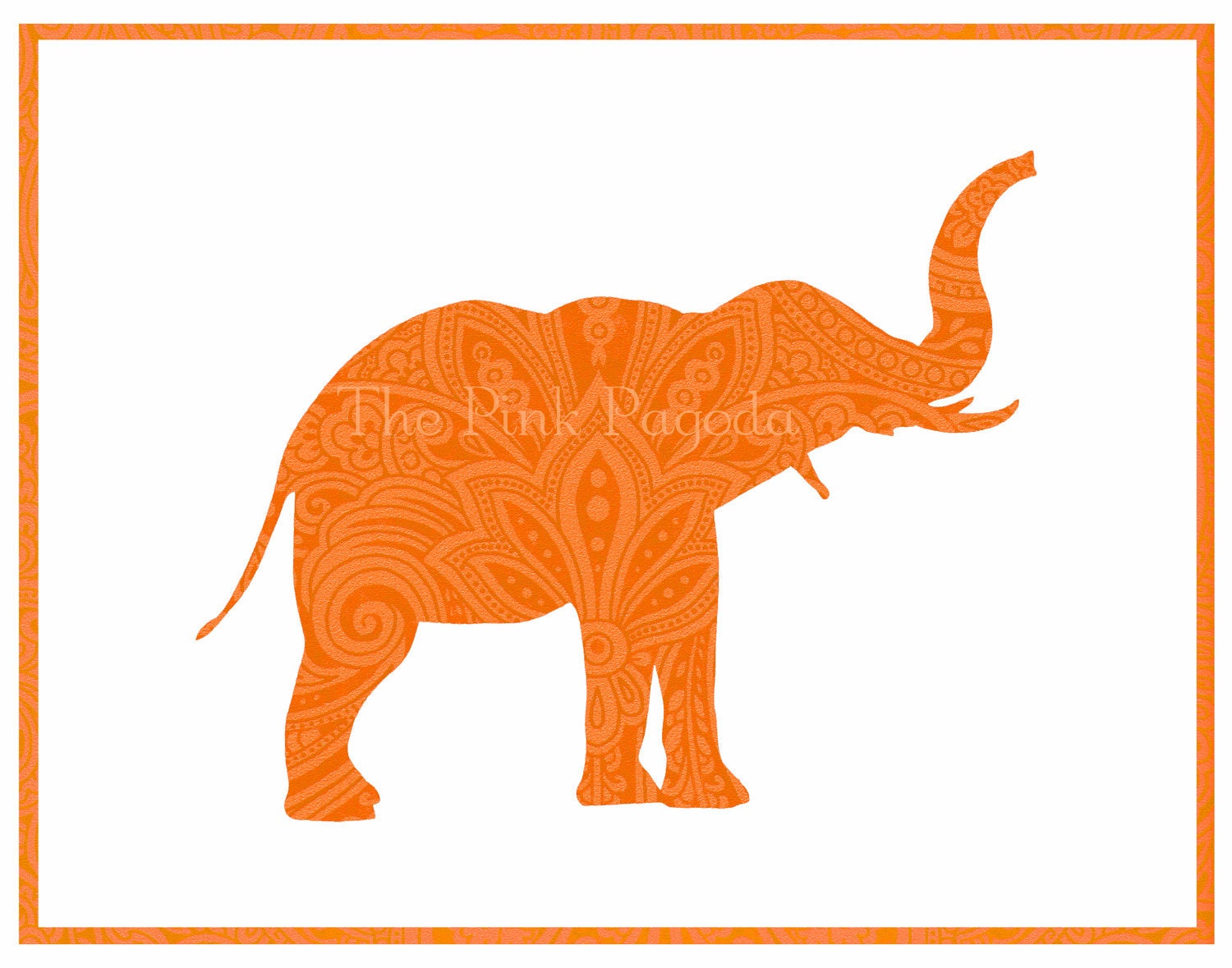 Tangerine Paisley Indian Elephant Silhouette Facing Right Giclee 11x14