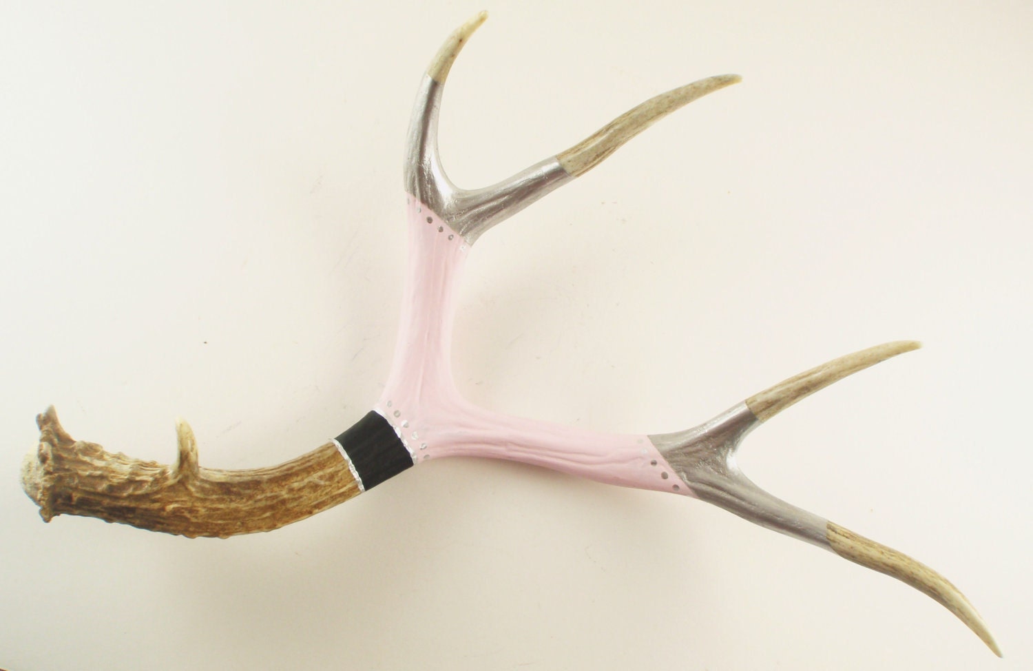 Large Deer Antler Art Scuplture- Painted Pale Pink, Black, Silver