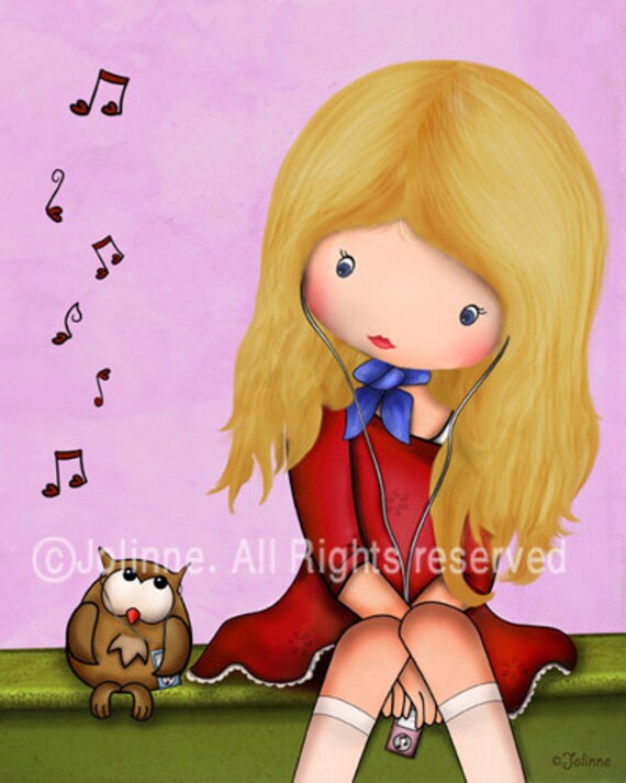 Owl and girl Children art print for kids room or nursery original drawing reproduction music pink