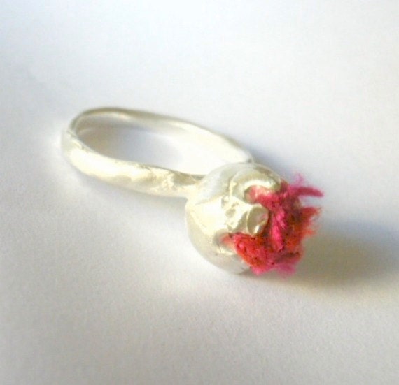 Sterling Silver Ring- Hand Sculpture -Red Silk Pod - Unique