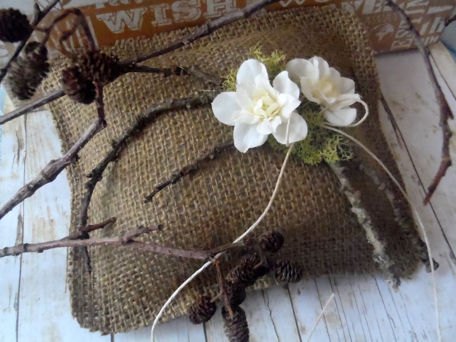 Woodland burlap ring pillow for rustic, barn, country, vintage or outdoor wedding