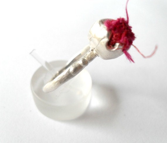 Sterling Silver Ring- Hand Sculpture -Red Silk Pod - Unique