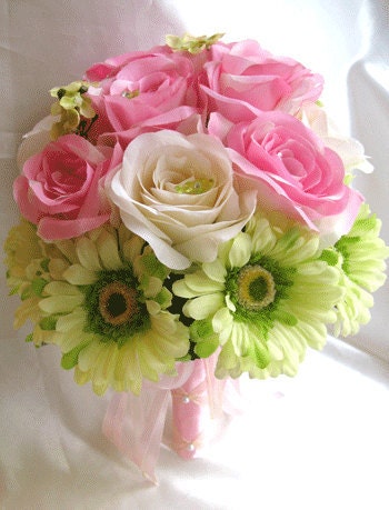 Wedding bouquet Bridal Silk flowers PINK CREAM GREEN Daisy Bridesmaids 