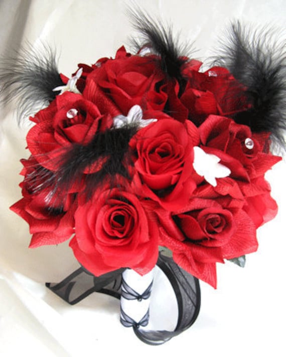 Wedding bouquet Bridal Silk flowers RED BLACK WHITE Feathers Bridesmaids 