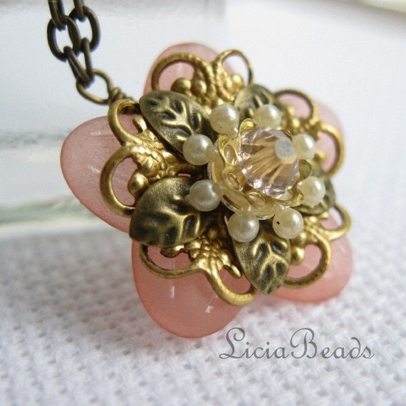 Blush pink flower pendant with gold filigree and a swarovski crystal