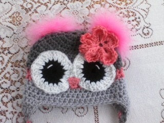 Grey & Pink Owl Hat with Feather Poofs