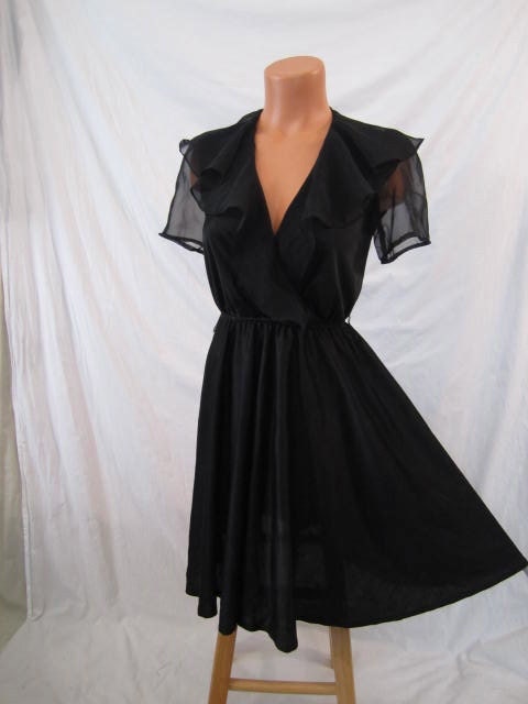 GOTHIC ROMANCE vintage disco party dress - black - full skirt - chiffon trim xs s