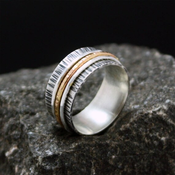 Gold and Silver Spinner Ring - Recycled Sterling and 14k Gold Fill Fidget Ring with Three Bands - FREE shipping