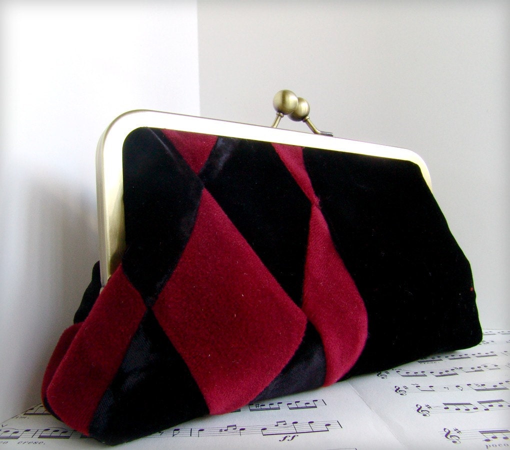 Venetian diamonds Velvet clutch purse, Harlequin black and red clutch bag