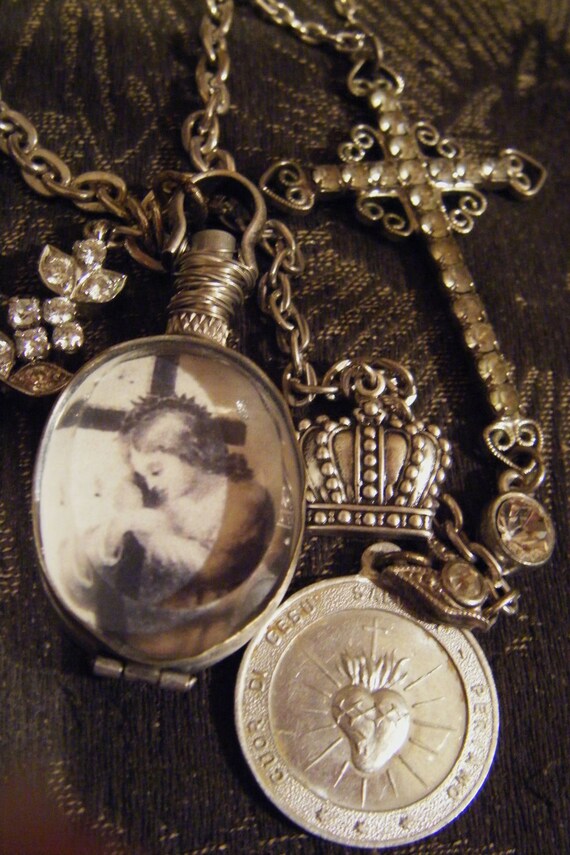 RESERVED For LINDA Vintage Religious Necklace crown photo locket sacred heart medal antique rhinestone cross assemblage
