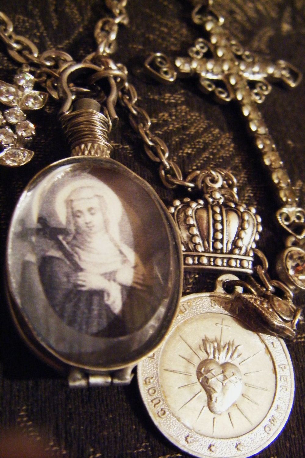 RESERVED For LINDA Vintage Religious Necklace crown photo locket sacred heart medal antique rhinestone cross assemblage