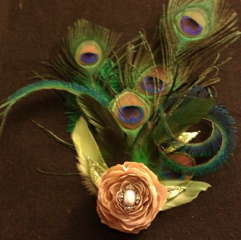 Hollywood Glam Peacock feather bridal fascinator 1920s flapper girl 
