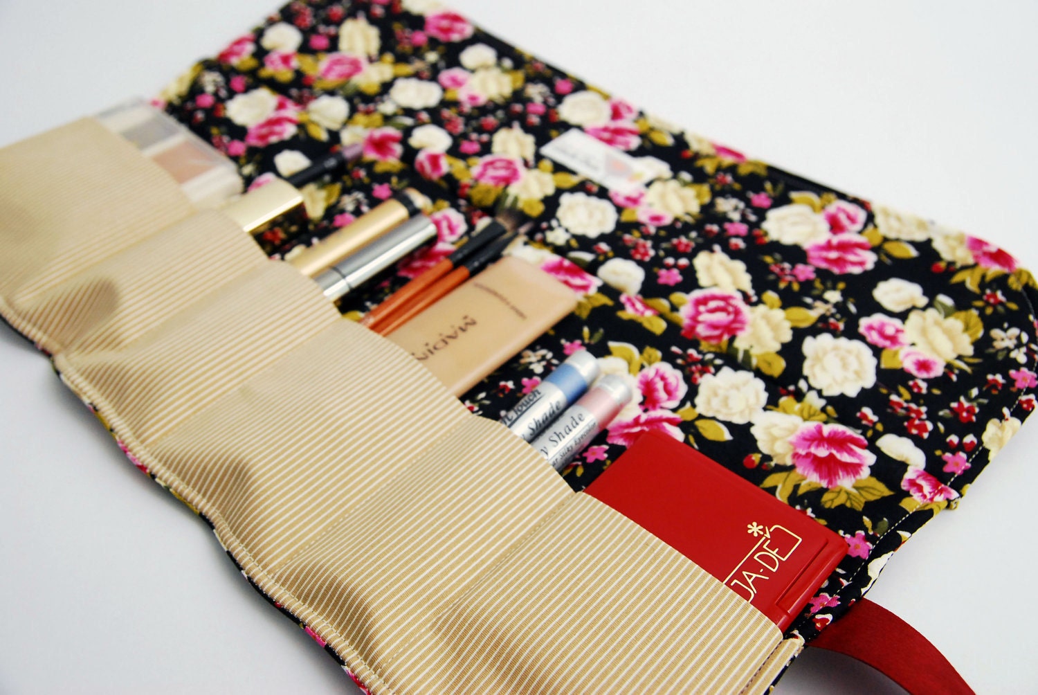 Cosmetics / Makeup roll - Black with Pink flowers, makeup organizer bag, six pockets, Cosmetics holder