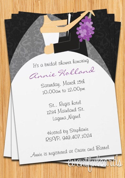 Bridal Shower Invitation Tux and Wedding Dress Purple Bouquet