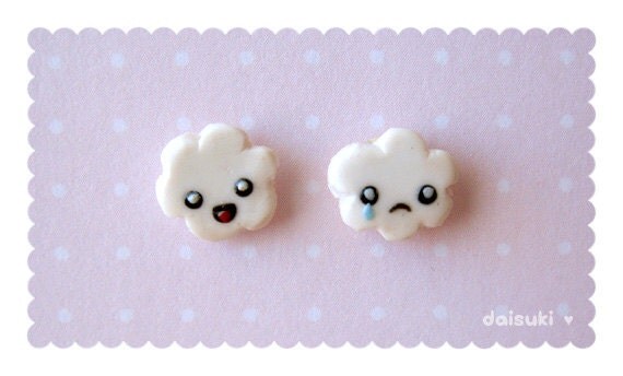 Happy Cloud, Sad Cloud Earrings - Kawaii / Cute - handmade polymer clay