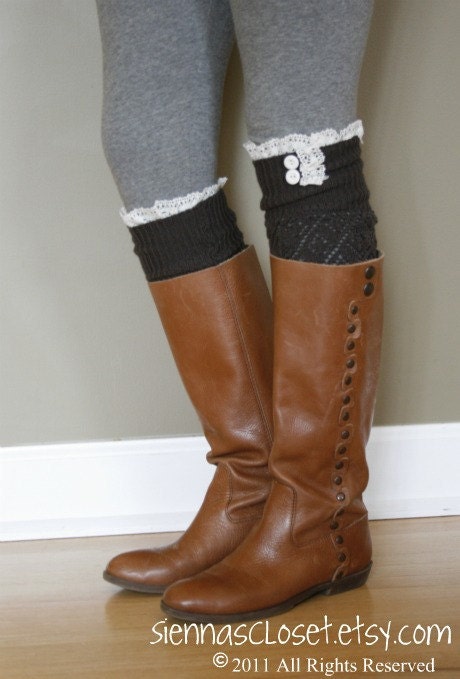 The Lacey Lou- Graphite: Open-work Legwarmers with Ivory knit Lace trim & buttons (item no. 3-23)