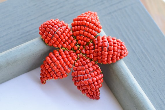 Beaded flower clip/brooch: Tangerine Tango- Red Orange beaded flower 2012 color of the year