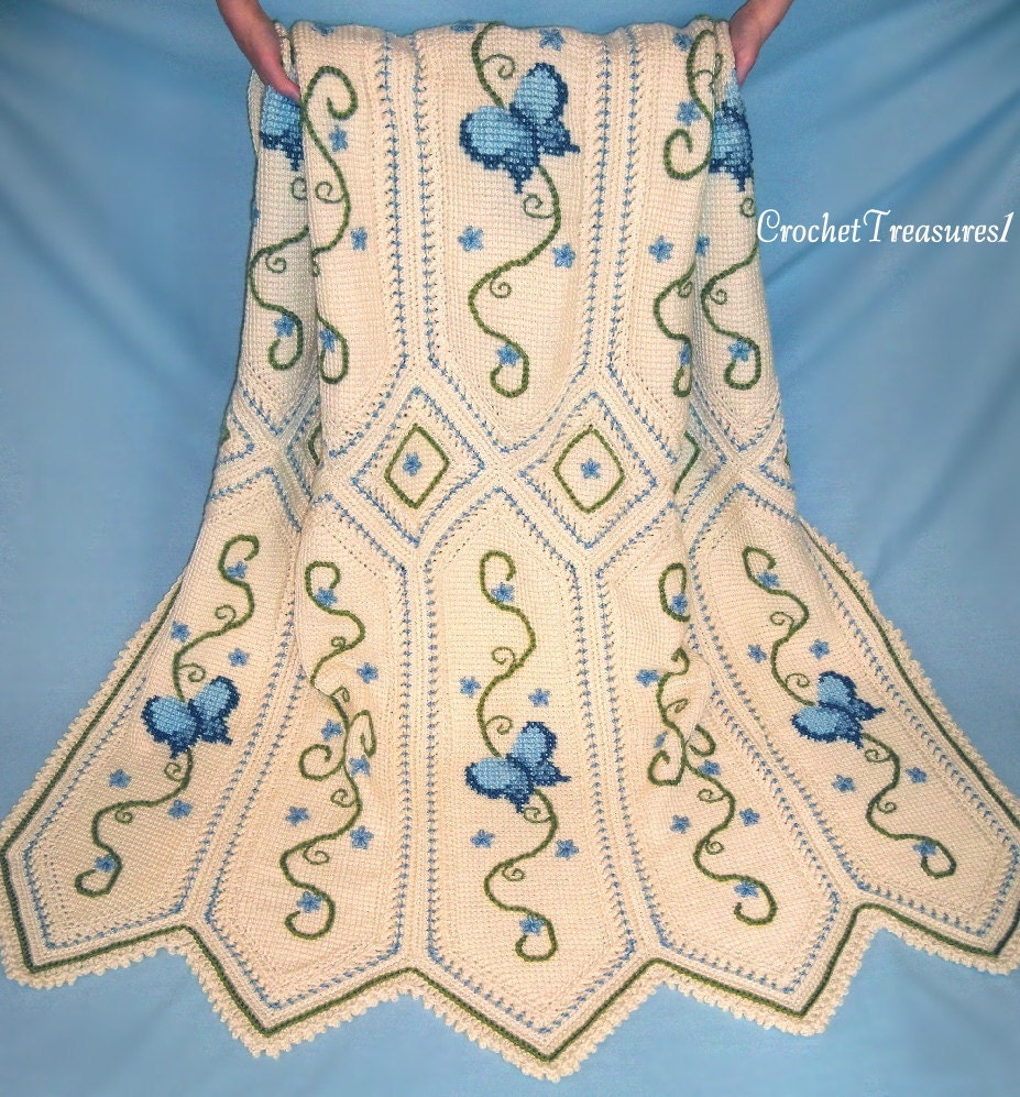 Butterflies and Forget-me-nots Throw / new / handmade / afghan blanket / decorative / blue / cream / butterfly / cross-stitch / baby / soft