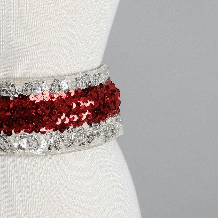 Vintage Sequin Fashion Belt - Sparkle Flashy Cherry Red and White Costume Belt - Long and Large
