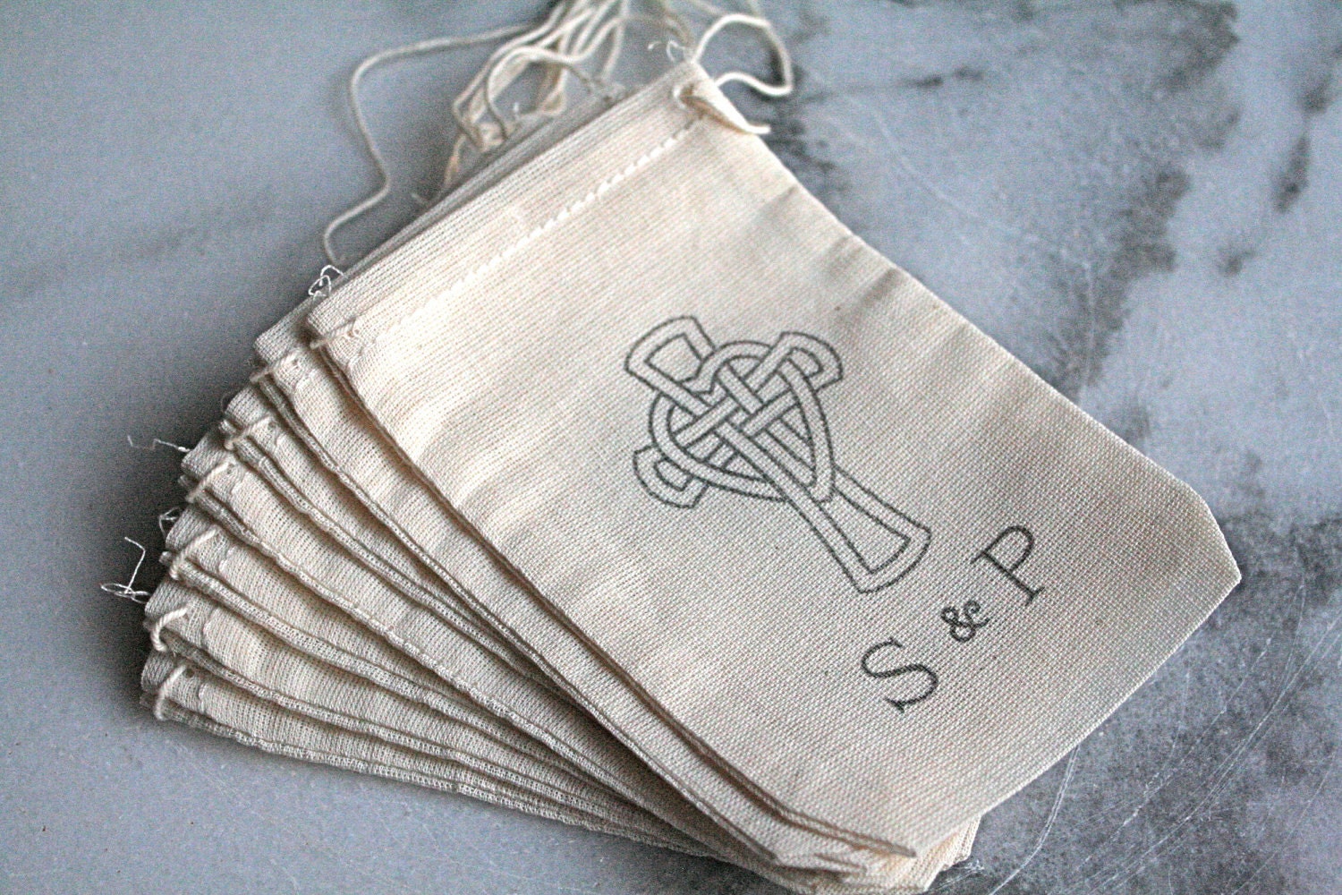 Wedding favor bags, muslin, 3x5. Set of 100. Christian cross with custom initials in black on natural white cotton.