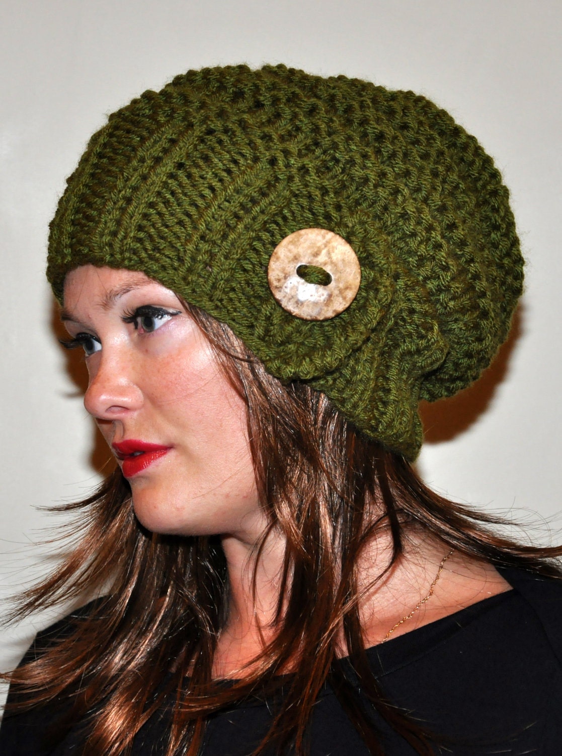 Slouch Beanie Slouchy Hat Button Hand Knit Winter Adult Teen Wool CHOOSE COLOR Olive Green Wood Forest Leaves Chunky Gift under 50