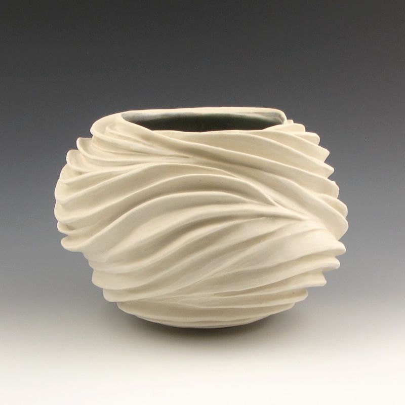 Carved Sculptural Ceramic Pottery Vessel: Creamy Porcelain