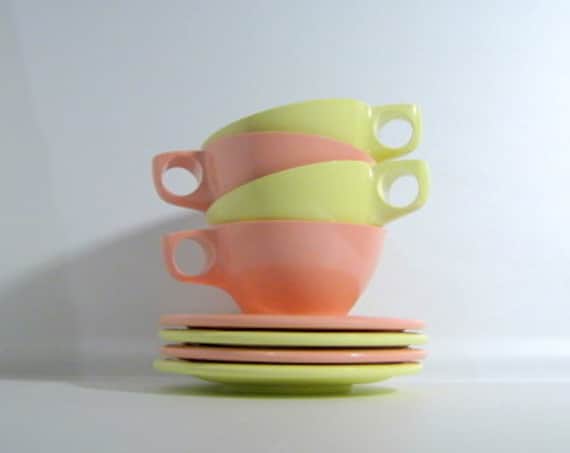 Boontonware Pink and Yellow Melmac Cup and Saucer Set