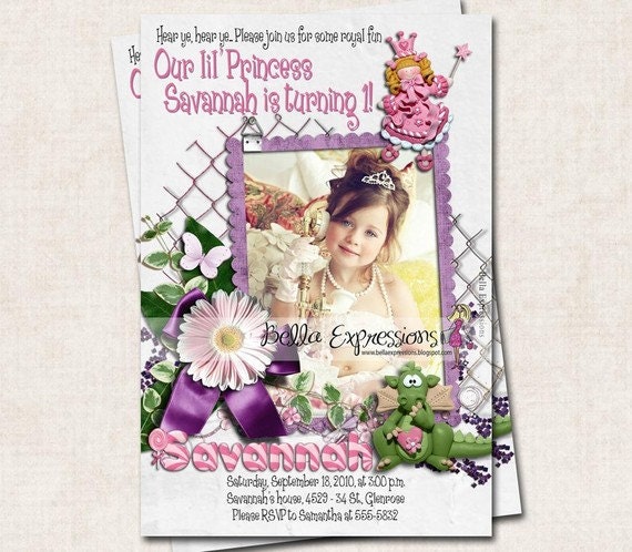 Birthday Party Invitation, Princess and Dragon, pink purple green, candy (Digital)