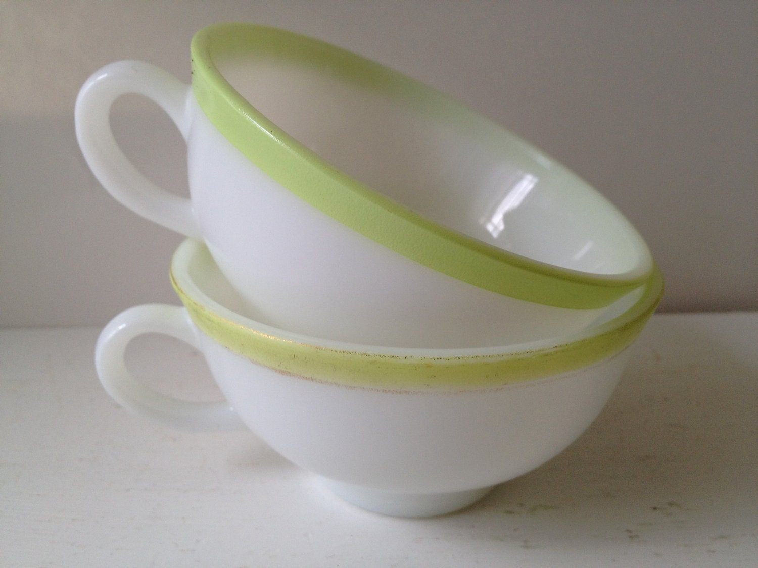 SALE - Set of 2 Vintage Pyrex Tea Cups - Citron Stripe