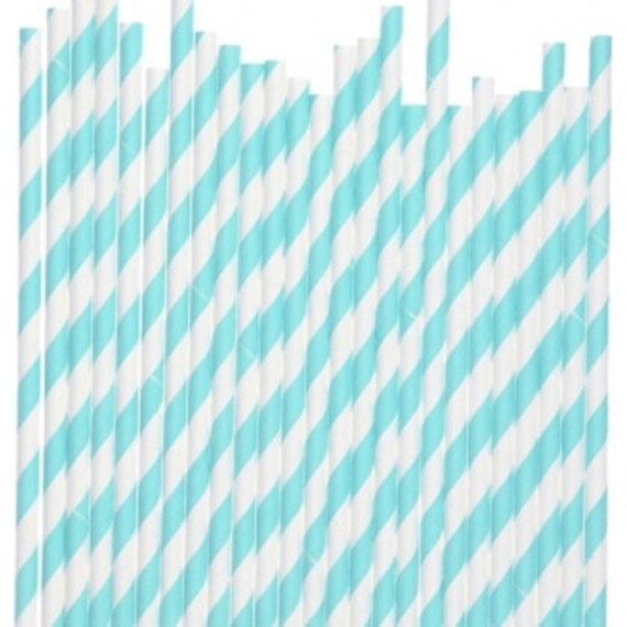 25 Baby Blue Aqua White Striped Paper Straws Parties weddings 