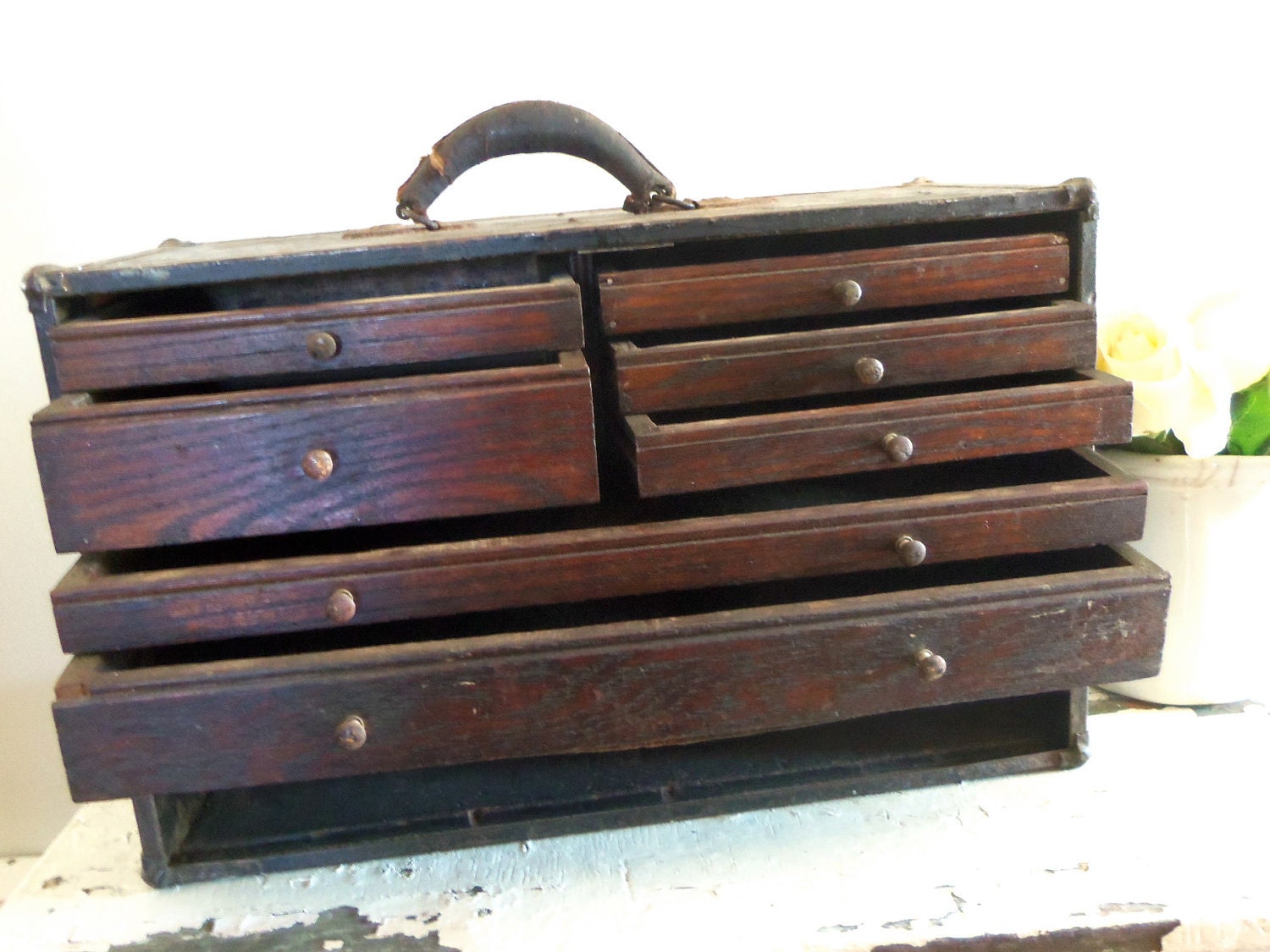 Vintage Machinist Chest Case Wood Box with Drawers
