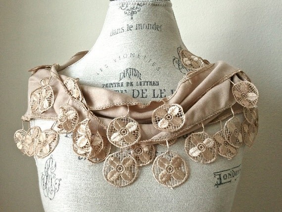 Organic Cotton Soft Caramel Beige Lace Scarf-Elegant Dainty Folk Country Style Woman Bridal Accessories