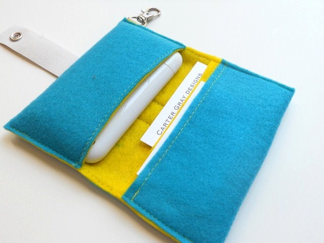 Cell Phone wallet in teal aqua blue and yellow eco wool