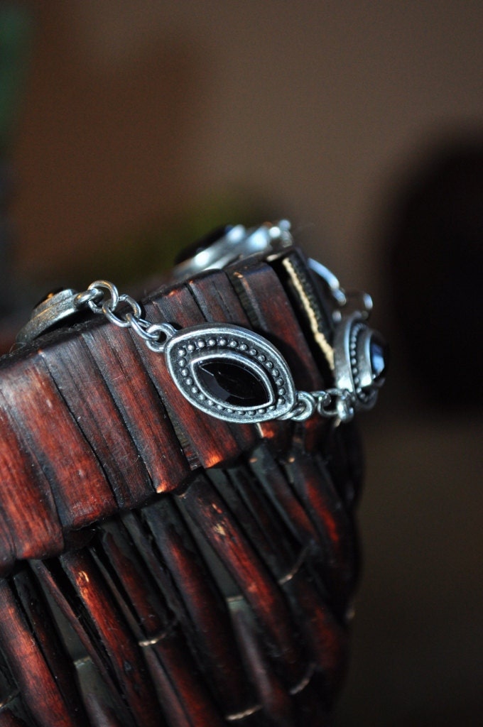 Black on antiqued silver marquise link bracelet