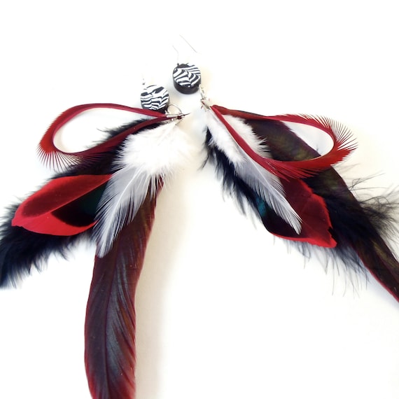 Feather Earrings Zebra Black White Red Feathers
