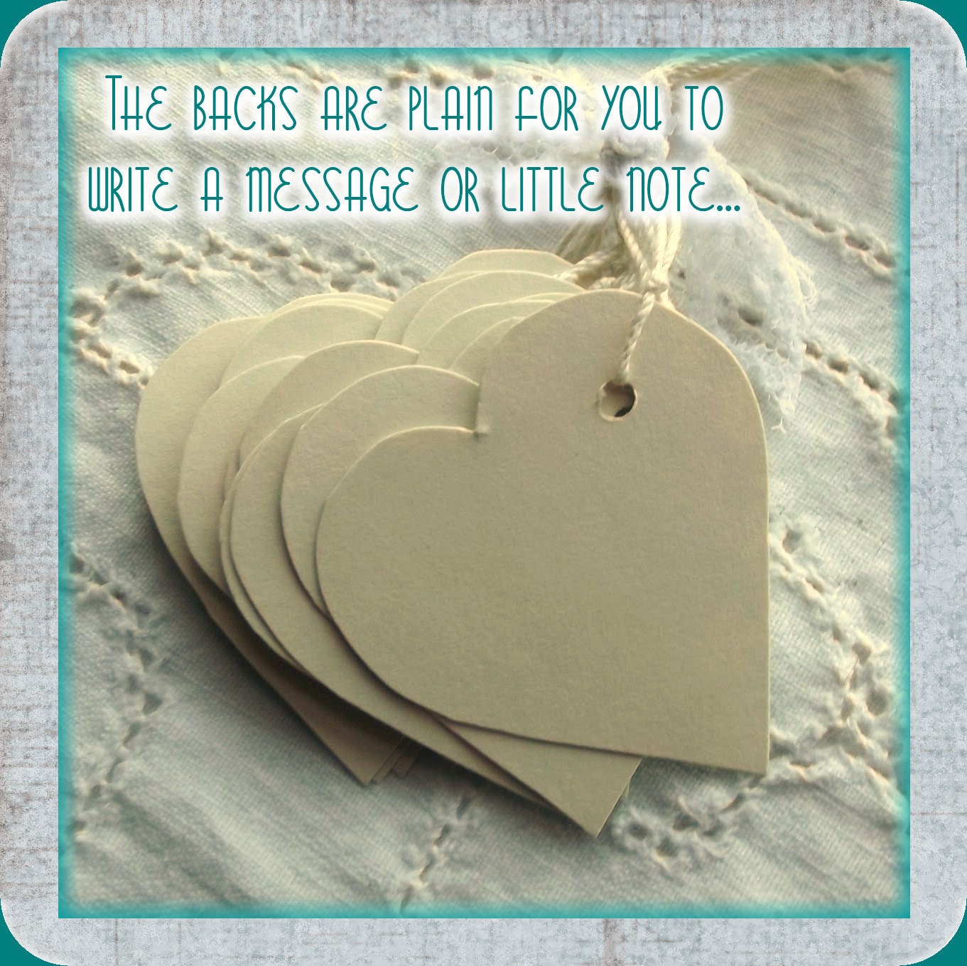 Teal Floral Heart Tags - Stamped, Shabby Chic, Cream Twine