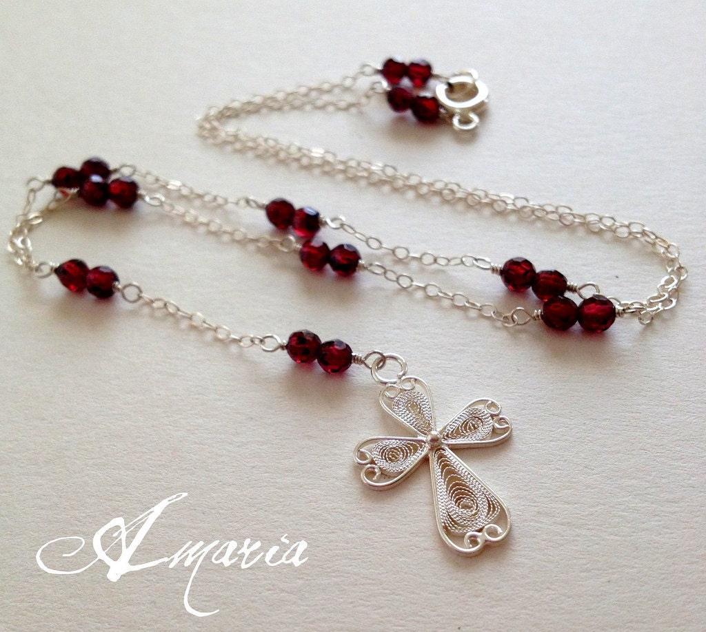 Garnet cross necklace by amaria on Etsy from etsy.com