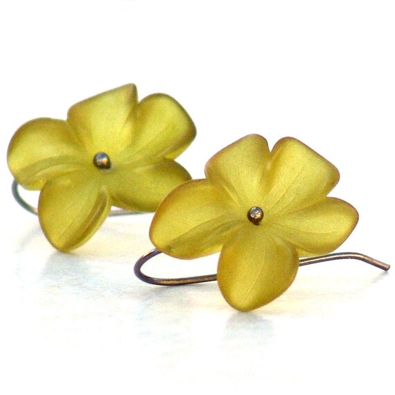 Green Dangle Earrings Olive Flutter Flower by galleryzooartdesigns on Etsy from etsy.com