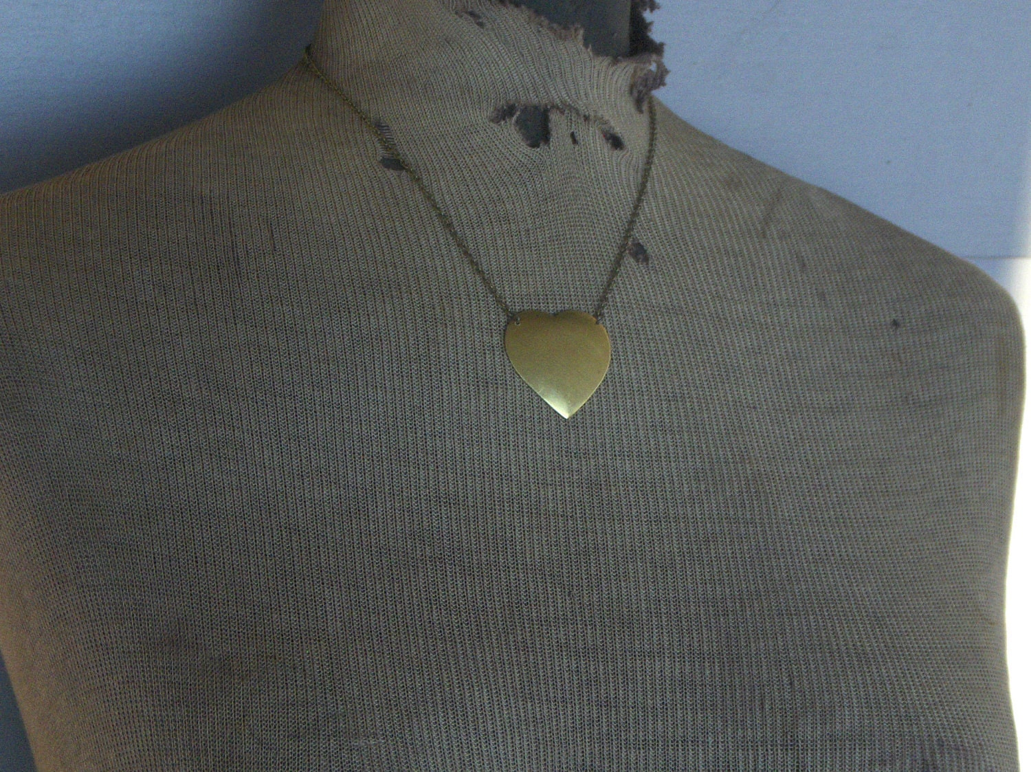 swollen heart. Vintage brushed patina brass heart necklace -