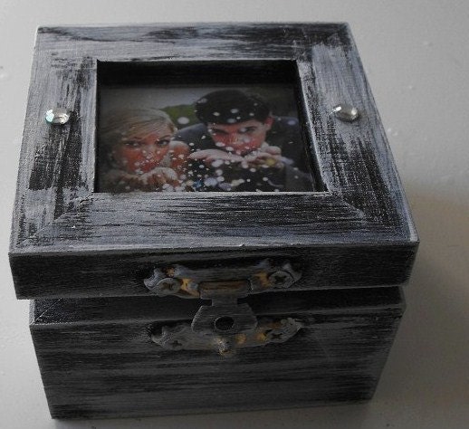 Shabby Chic Distressed Black and White Wedding Ring Box Personalized You 
