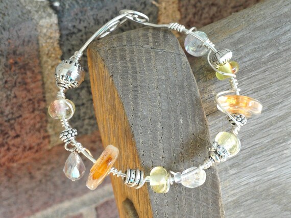 Drops of Sunshine Yellow Orange Lampwork and Dichroic Bead Wire Wrapped Bracelet