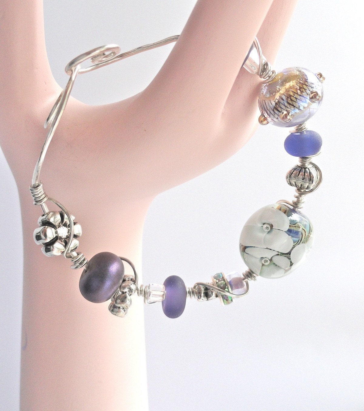 Lilac and Lavender Flower Lampwork Bead Wire Wrapped Bracelet