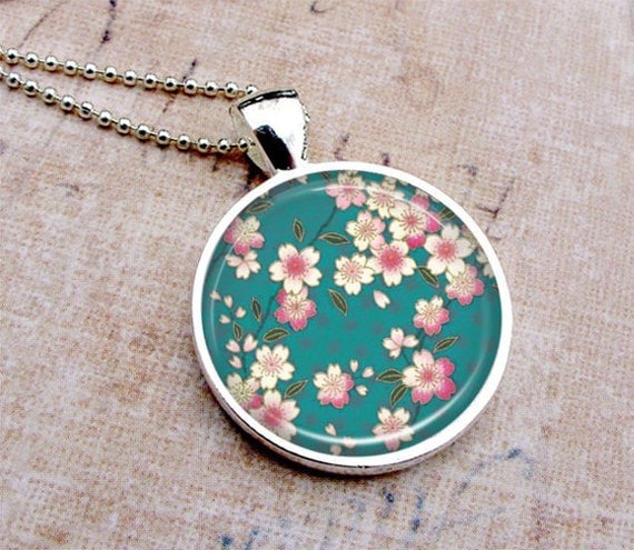 Floral Asian Art Necklace - Pink Flowers Teal - Glass Dome Pendant Silver, Picture Pendant, Photo Pendant, Art Pendant by Lizabettas