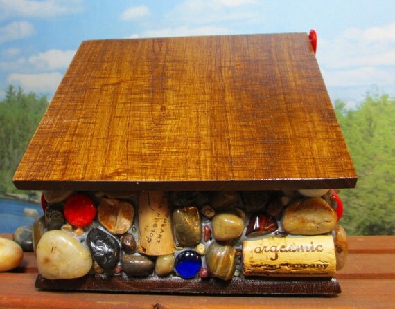 Birdhouse Mosaic with wine corks and love