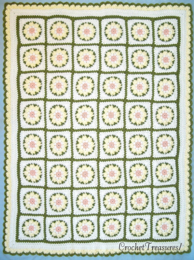 REDUCED PRICE - Pretty Posies Afghan / new / handmade / blanket / throw / unique / daisies / yellow / green / white / orange