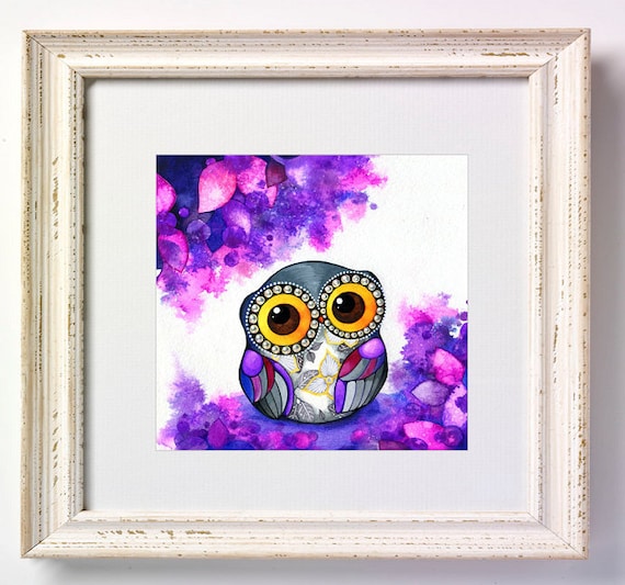 Owl in Purple Blossoms - Fine Art Giclee  Painting Print - Colorful Whimsical Bird Artwork Owl Decor